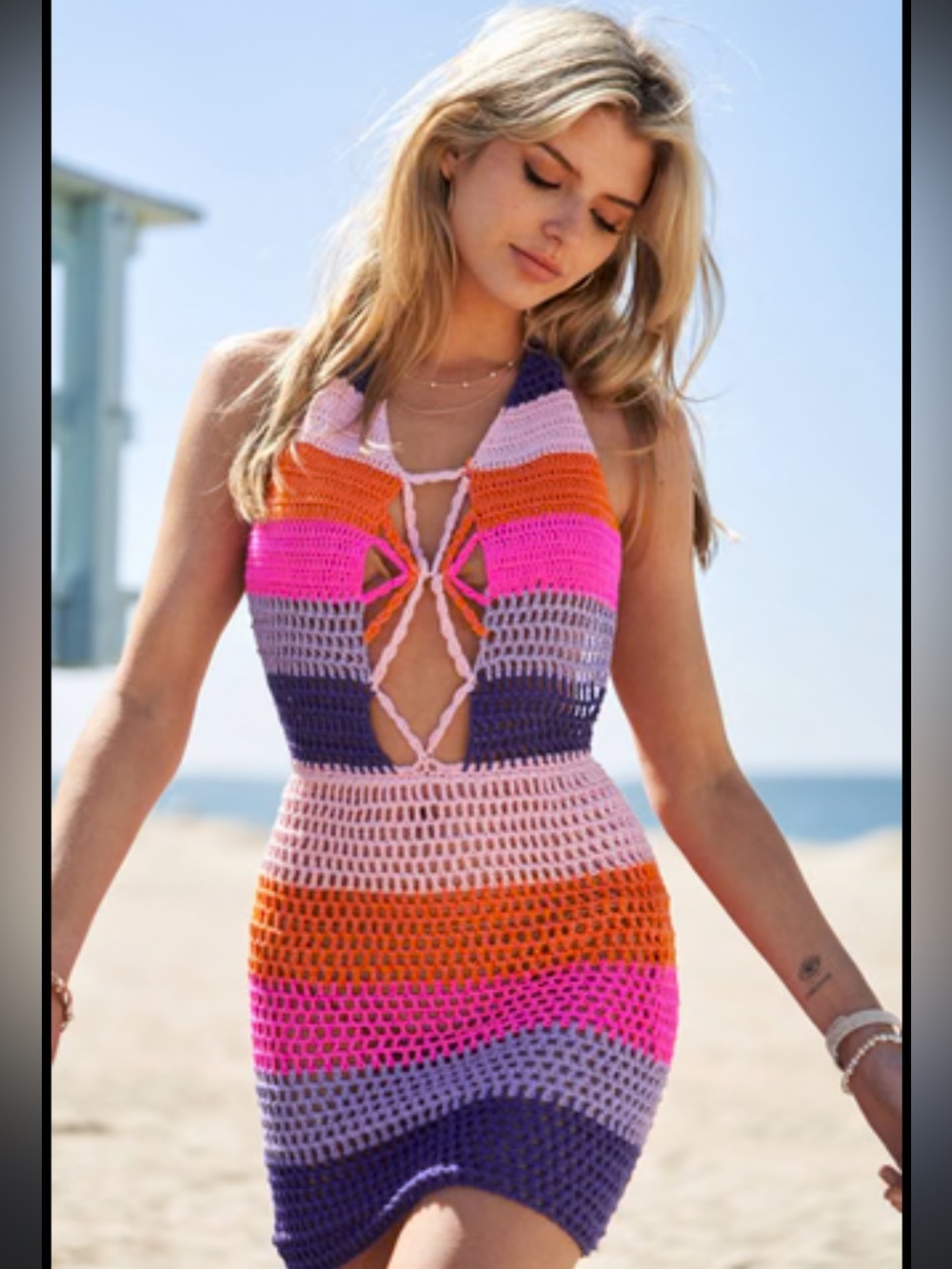 NWT Boho Crochet Halter Dress Cover Up Open Back Knit Beach Vacation Resortwear